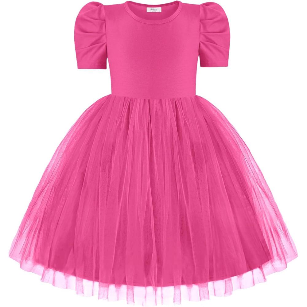 imageArshiner Toddler Girls Tutu Dresses Party Formal Birthday Summer Puff Short Sleeve Tulle Little Girls DressHot Pink