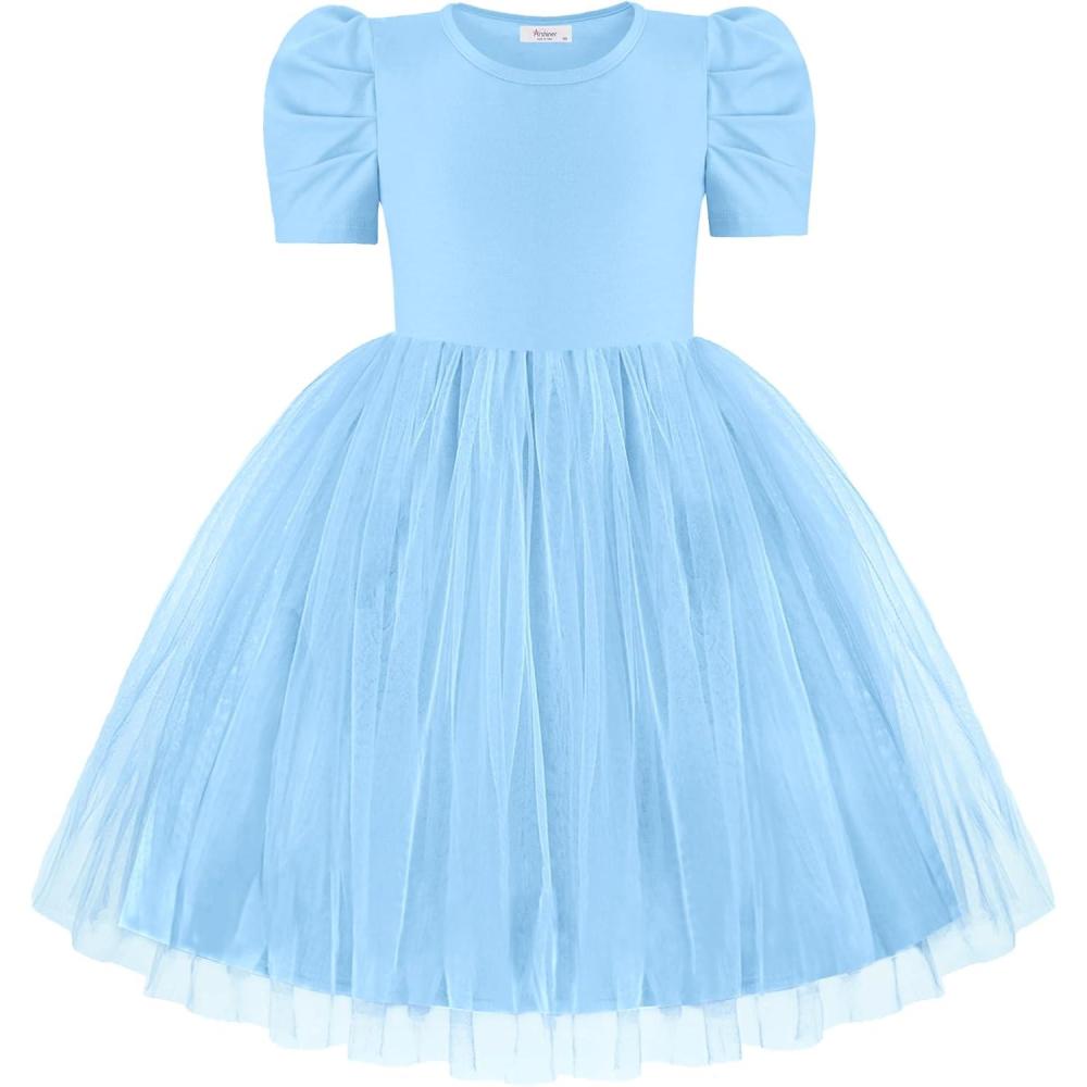 imageArshiner Toddler Girls Tutu Dresses Party Formal Birthday Summer Puff Short Sleeve Tulle Little Girls DressLight Blue