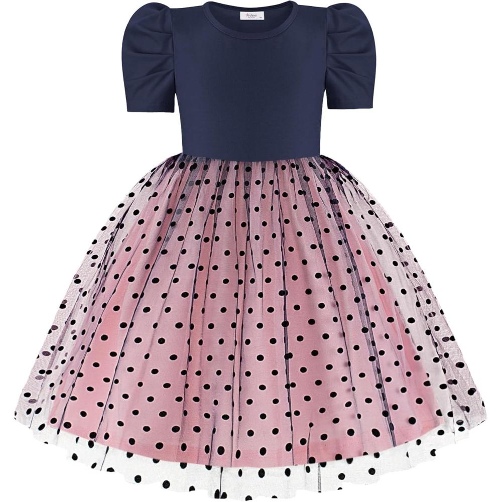 imageArshiner Toddler Girls Tutu Dresses Party Formal Birthday Summer Puff Short Sleeve Tulle Little Girls DressNavy Dot