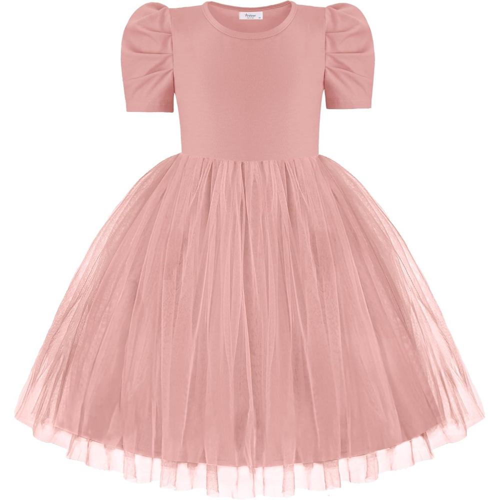 imageArshiner Toddler Girls Tutu Dresses Party Formal Birthday Summer Puff Short Sleeve Tulle Little Girls DressPink