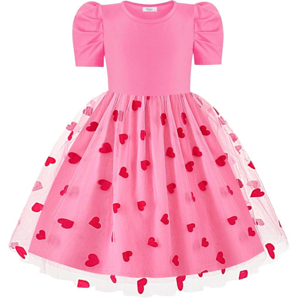 imageArshiner Toddler Girls Tutu Dresses Party Formal Birthday Summer Puff Short Sleeve Tulle Little Girls DressPink Heart