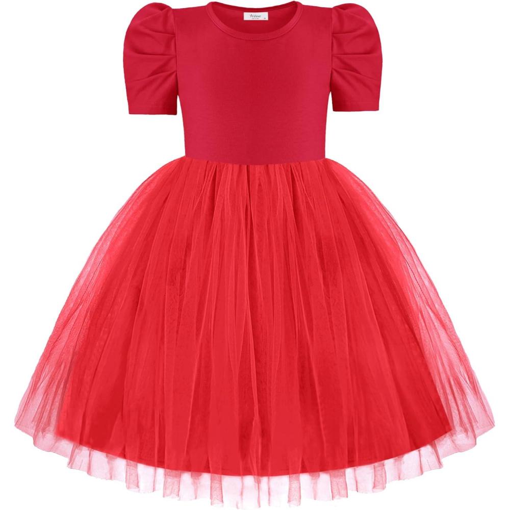 imageArshiner Toddler Girls Tutu Dresses Party Formal Birthday Summer Puff Short Sleeve Tulle Little Girls DressRed