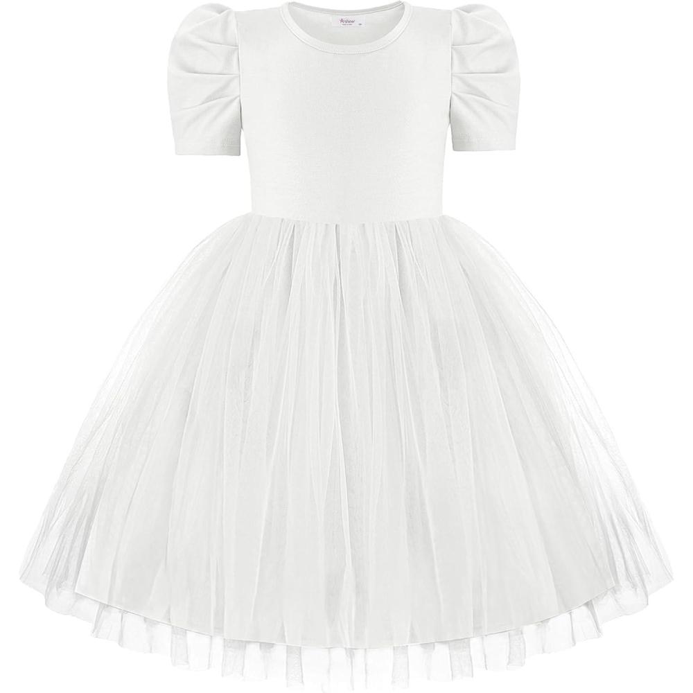 imageArshiner Toddler Girls Tutu Dresses Party Formal Birthday Summer Puff Short Sleeve Tulle Little Girls DressWhite