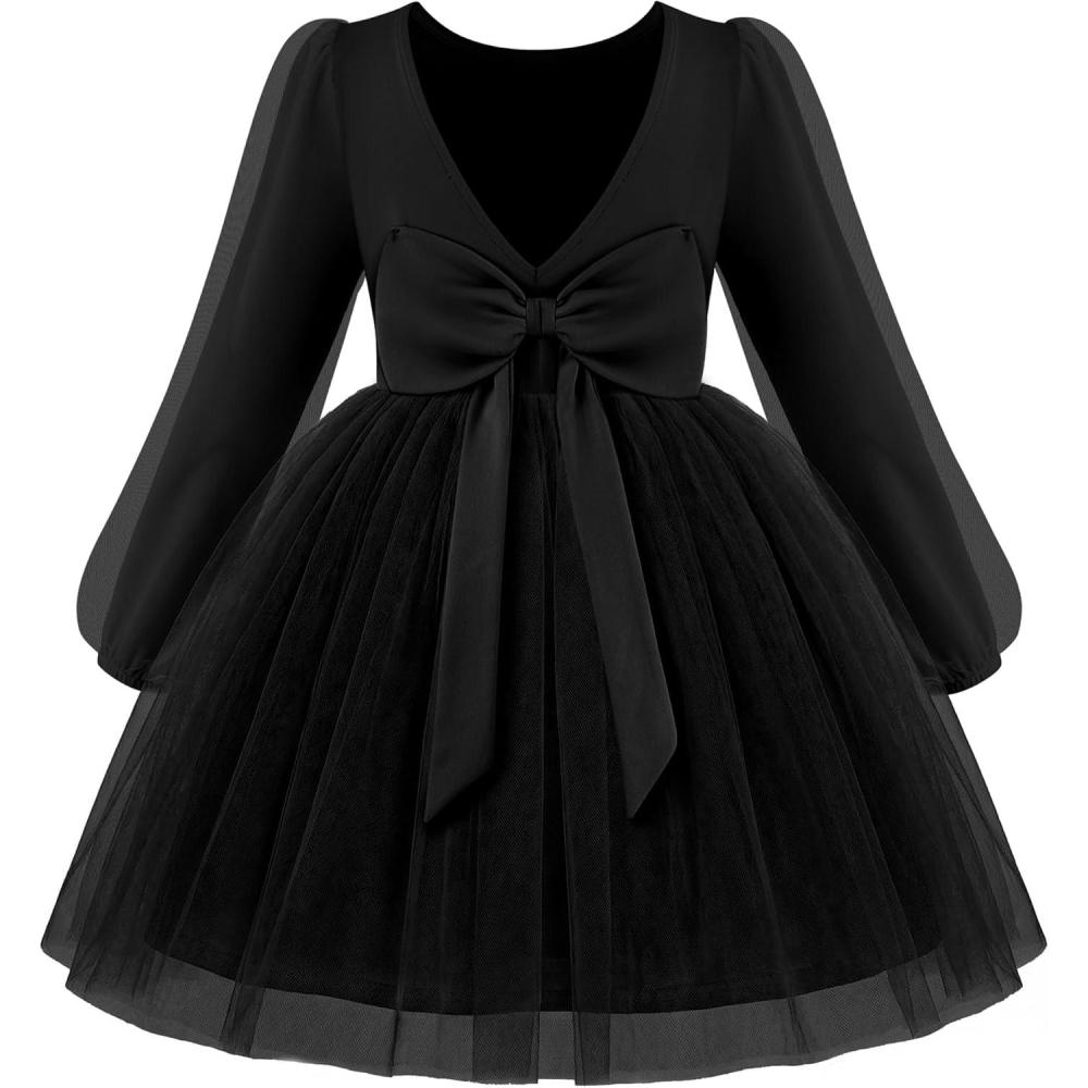 imageArshiner Toddler Girls V Back Tutu Dress Tulle Puff Long Sleeve Wedding Birthday Party Fall Toddlers DressesBlack