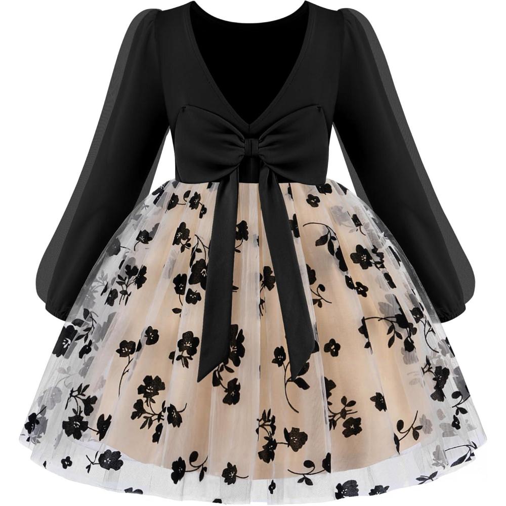 imageArshiner Toddler Girls V Back Tutu Dress Tulle Puff Long Sleeve Wedding Birthday Party Fall Toddlers DressesBlack Flower
