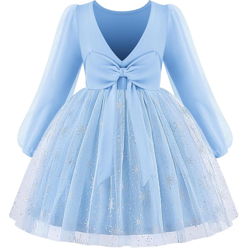 imageArshiner Toddler Girls V Back Tutu Dress Tulle Puff Long Sleeve Wedding Birthday Party Fall Toddlers DressesBlue Snowflake