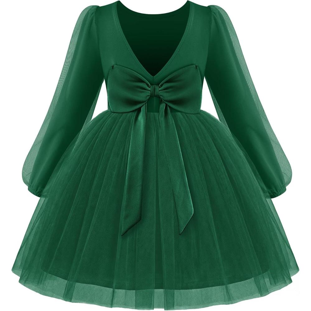 imageArshiner Toddler Girls V Back Tutu Dress Tulle Puff Long Sleeve Wedding Birthday Party Fall Toddlers DressesDark Green