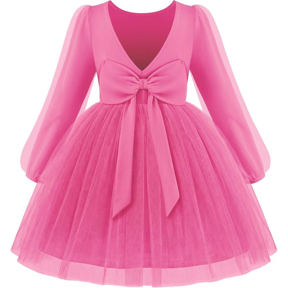 imageArshiner Toddler Girls V Back Tutu Dress Tulle Puff Long Sleeve Wedding Birthday Party Fall Toddlers DressesHot Pink