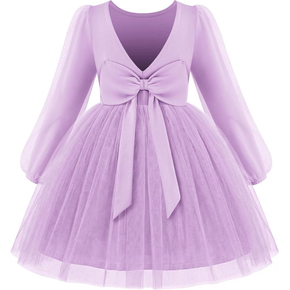imageArshiner Toddler Girls V Back Tutu Dress Tulle Puff Long Sleeve Wedding Birthday Party Fall Toddlers DressesLavender