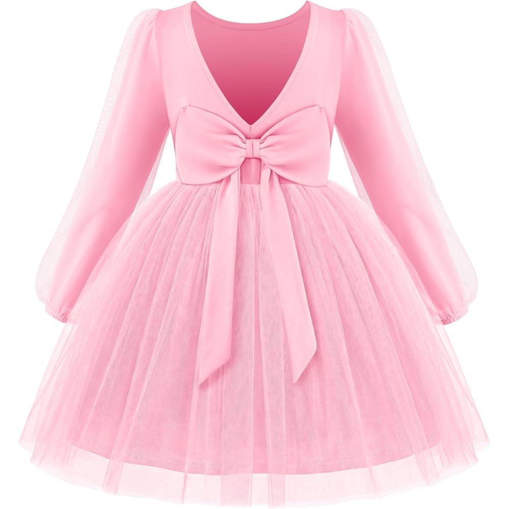 imageArshiner Toddler Girls V Back Tutu Dress Tulle Puff Long Sleeve Wedding Birthday Party Fall Toddlers DressesPink