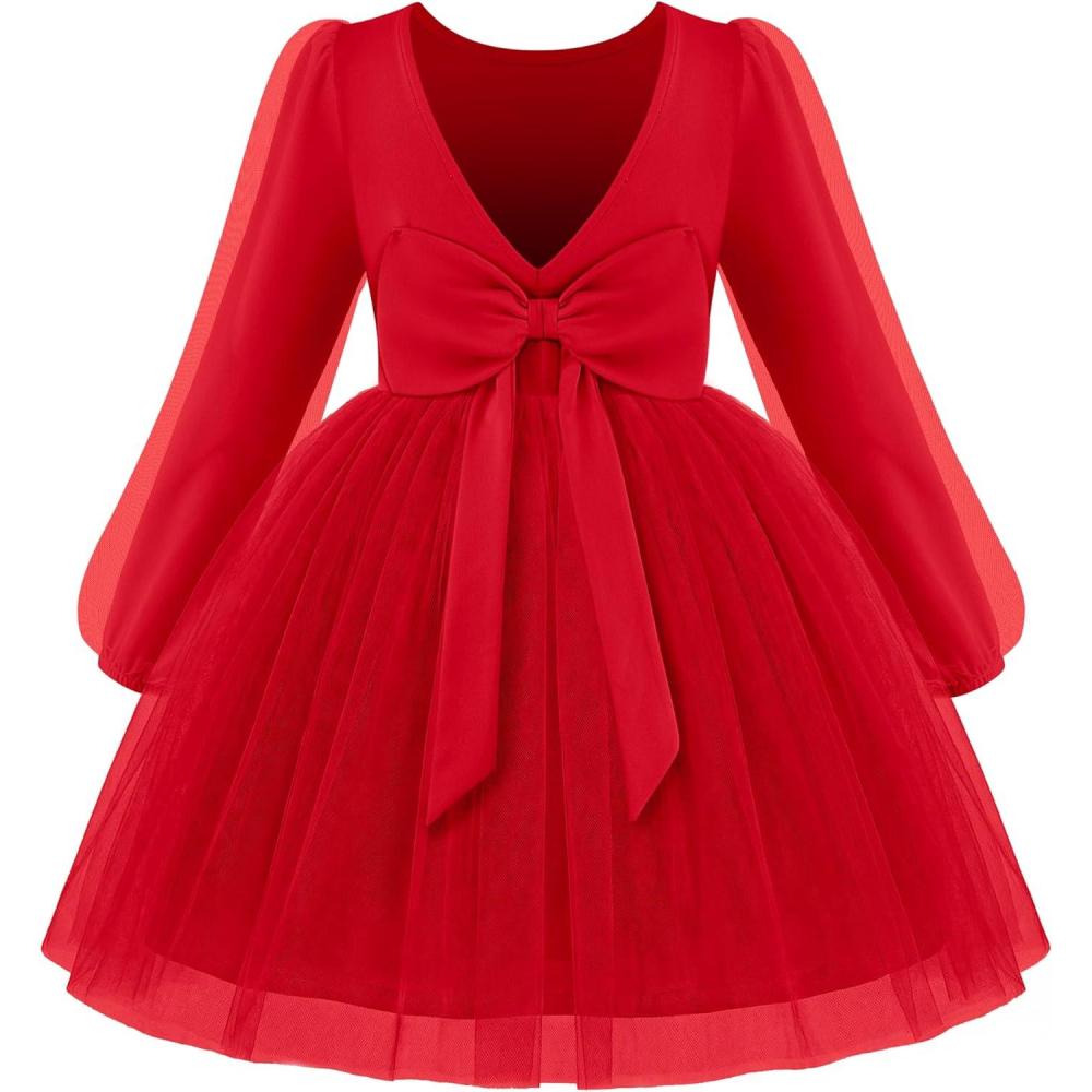 imageArshiner Toddler Girls V Back Tutu Dress Tulle Puff Long Sleeve Wedding Birthday Party Fall Toddlers DressesRed