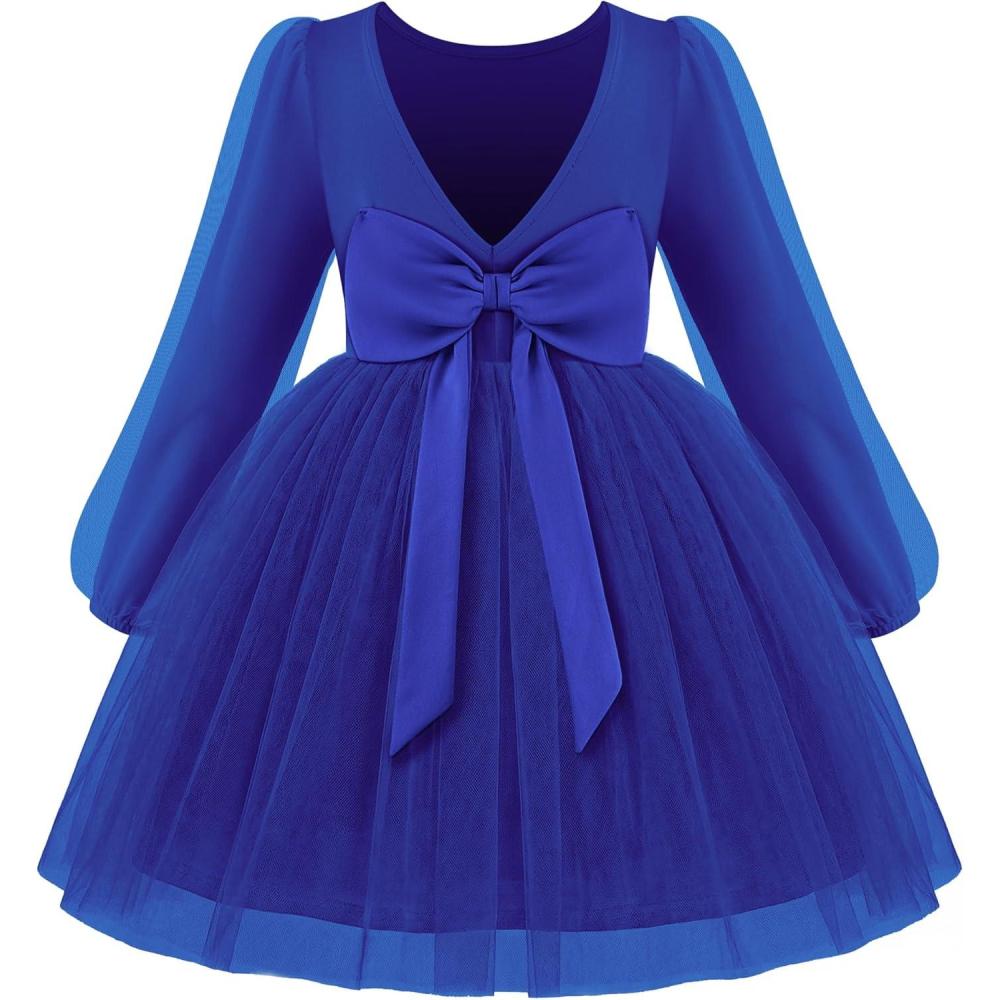imageArshiner Toddler Girls V Back Tutu Dress Tulle Puff Long Sleeve Wedding Birthday Party Fall Toddlers DressesRoyal Blue