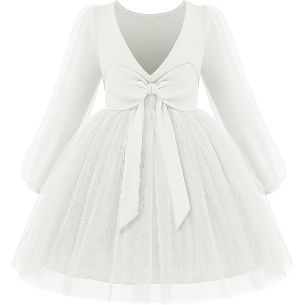 imageArshiner Toddler Girls V Back Tutu Dress Tulle Puff Long Sleeve Wedding Birthday Party Fall Toddlers DressesWhite