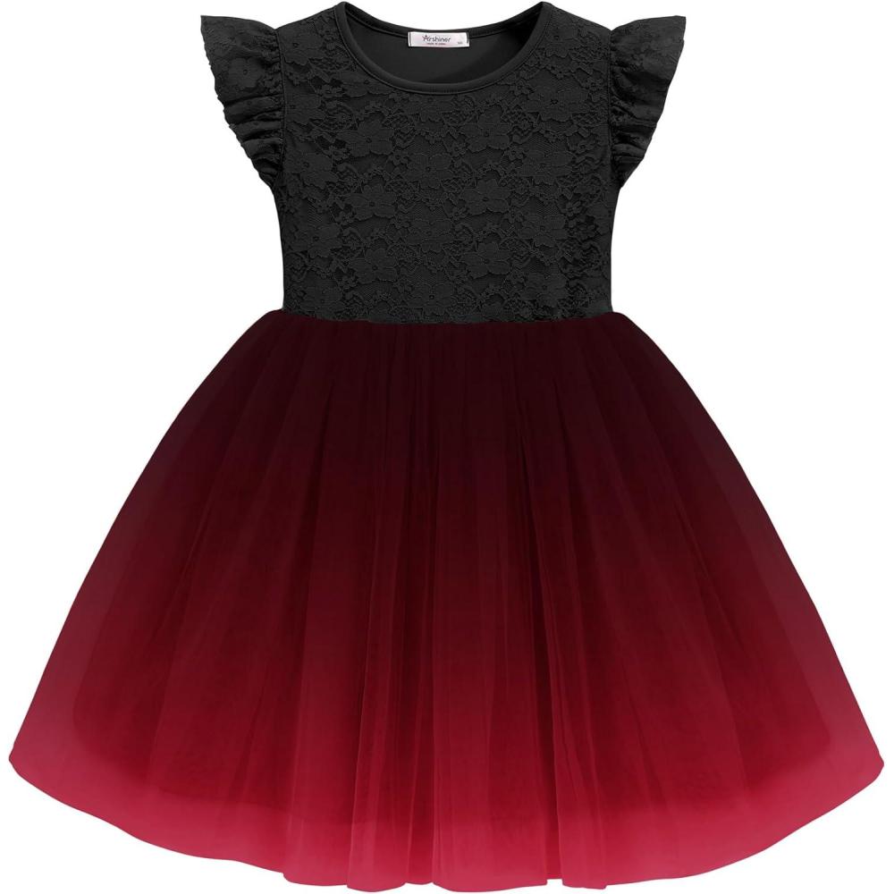 imageArshiner Toddler Lace Tutu Dresses Ruffle Sleeve 3 Layers Tulle Flower Wedding Birthday Summer Little Girls DressBlack Red Gradient