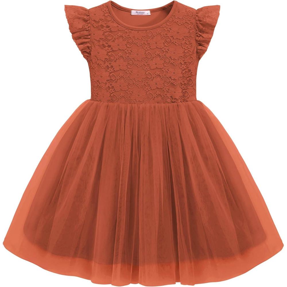 imageArshiner Toddler Lace Tutu Dresses Ruffle Sleeve 3 Layers Tulle Flower Wedding Birthday Summer Little Girls DressCaramel