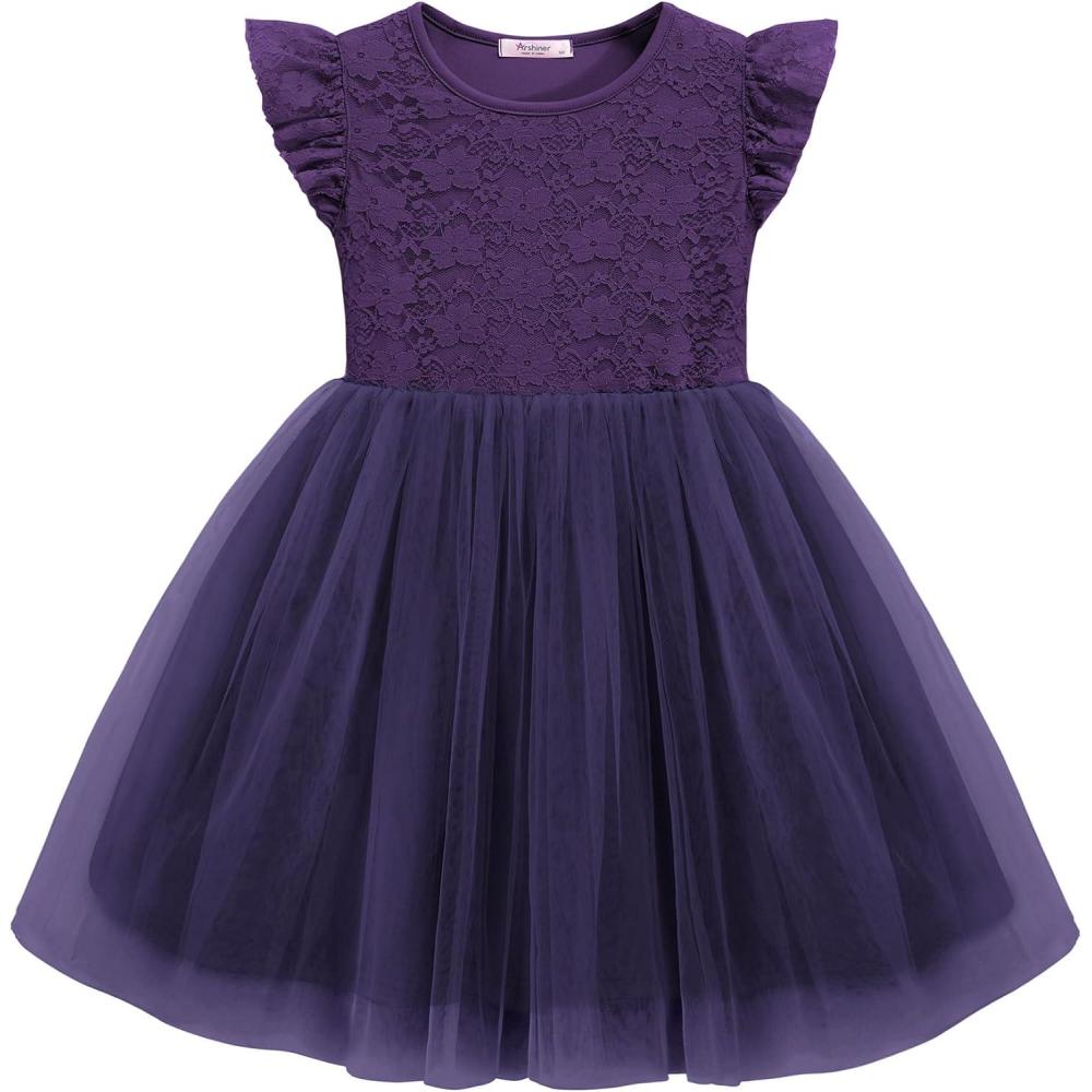 imageArshiner Toddler Lace Tutu Dresses Ruffle Sleeve 3 Layers Tulle Flower Wedding Birthday Summer Little Girls DressDeep Purple