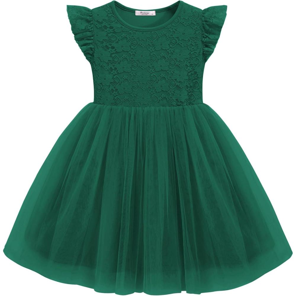 imageArshiner Toddler Lace Tutu Dresses Ruffle Sleeve 3 Layers Tulle Flower Wedding Birthday Summer Little Girls DressGreen