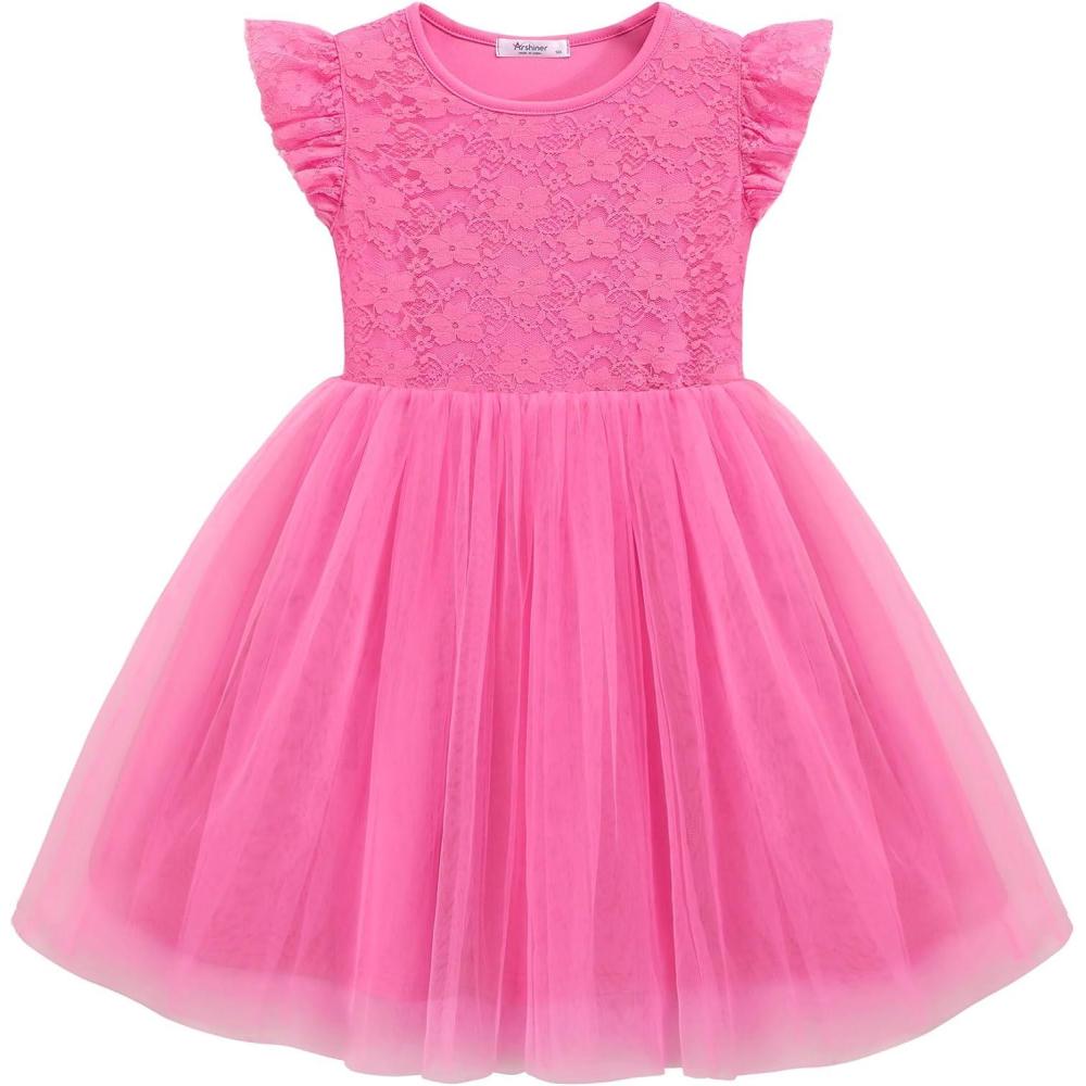 imageArshiner Toddler Lace Tutu Dresses Ruffle Sleeve 3 Layers Tulle Flower Wedding Birthday Summer Little Girls DressHot Pink
