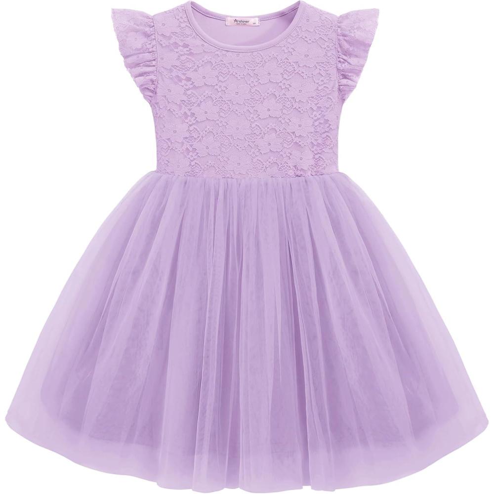imageArshiner Toddler Lace Tutu Dresses Ruffle Sleeve 3 Layers Tulle Flower Wedding Birthday Summer Little Girls DressLavender