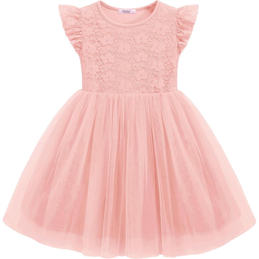 imageArshiner Toddler Lace Tutu Dresses Ruffle Sleeve 3 Layers Tulle Flower Wedding Birthday Summer Little Girls DressPink