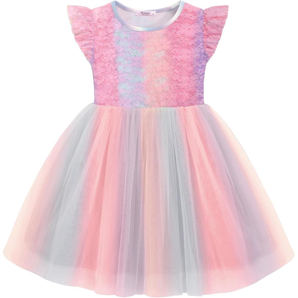 imageArshiner Toddler Lace Tutu Dresses Ruffle Sleeve 3 Layers Tulle Flower Wedding Birthday Summer Little Girls DressPink Rainbow