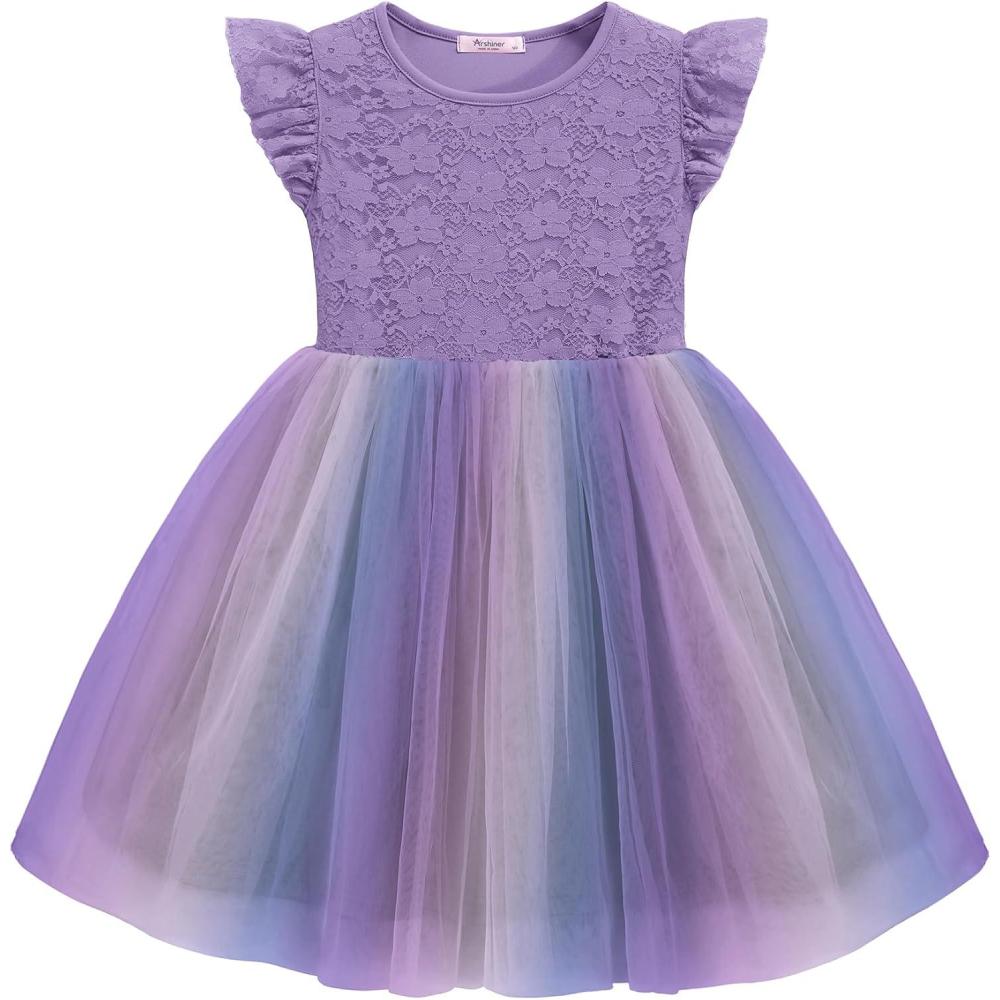 imageArshiner Toddler Lace Tutu Dresses Ruffle Sleeve 3 Layers Tulle Flower Wedding Birthday Summer Little Girls DressPurple Rainbow