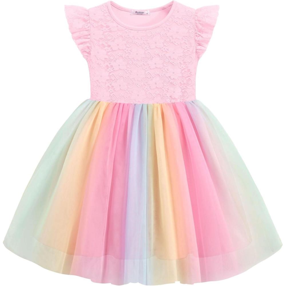 imageArshiner Toddler Lace Tutu Dresses Ruffle Sleeve 3 Layers Tulle Flower Wedding Birthday Summer Little Girls DressRainbow Pink