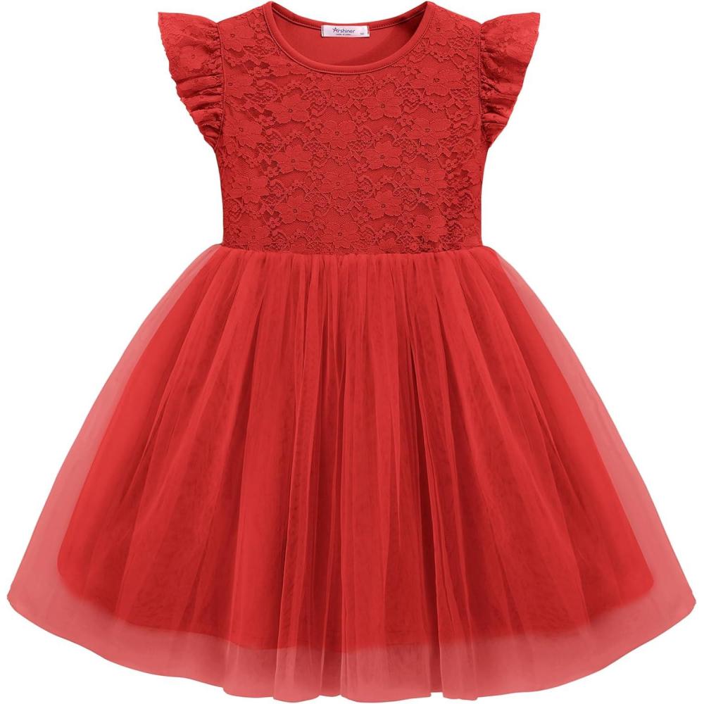 imageArshiner Toddler Lace Tutu Dresses Ruffle Sleeve 3 Layers Tulle Flower Wedding Birthday Summer Little Girls DressRed