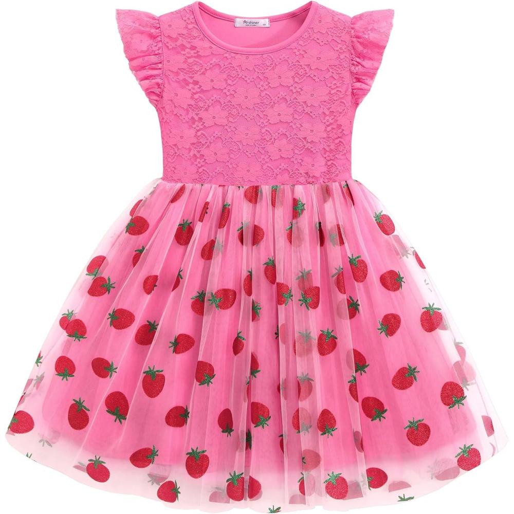 imageArshiner Toddler Lace Tutu Dresses Ruffle Sleeve 3 Layers Tulle Flower Wedding Birthday Summer Little Girls DressStrawberry Pink