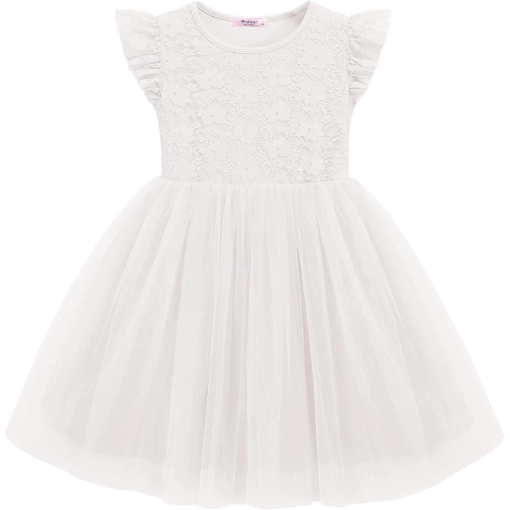imageArshiner Toddler Lace Tutu Dresses Ruffle Sleeve 3 Layers Tulle Flower Wedding Birthday Summer Little Girls DressWhite