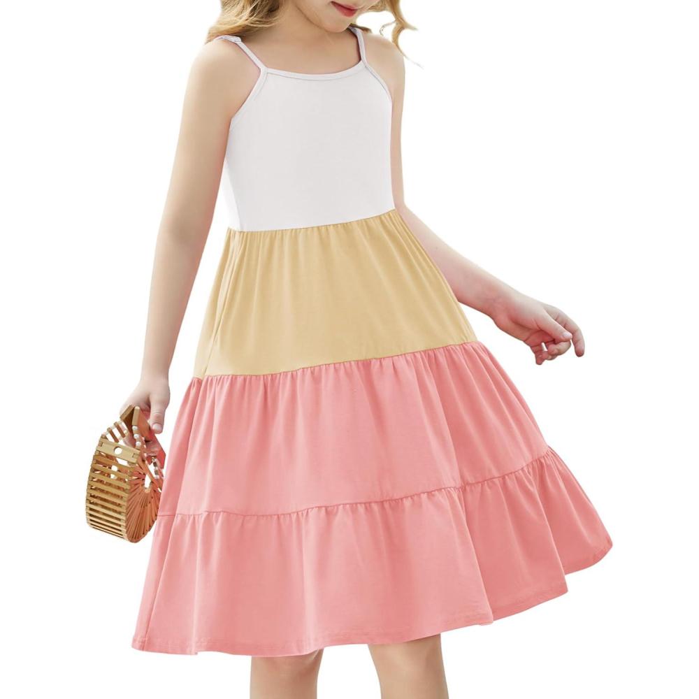 imageArshiner Toddler Summer Cami Dress Boho Sundress Casual Sleeveless DressesPink Splice