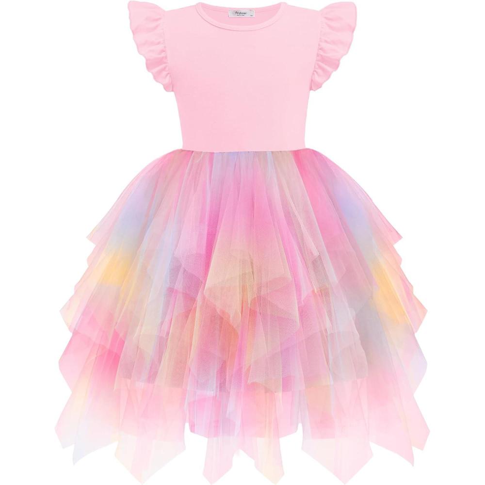 imageArshiner Toddler Tutu Dress Little Girls Irregular Tulle Princess Birthday Party Formal DressesRainbow Pink