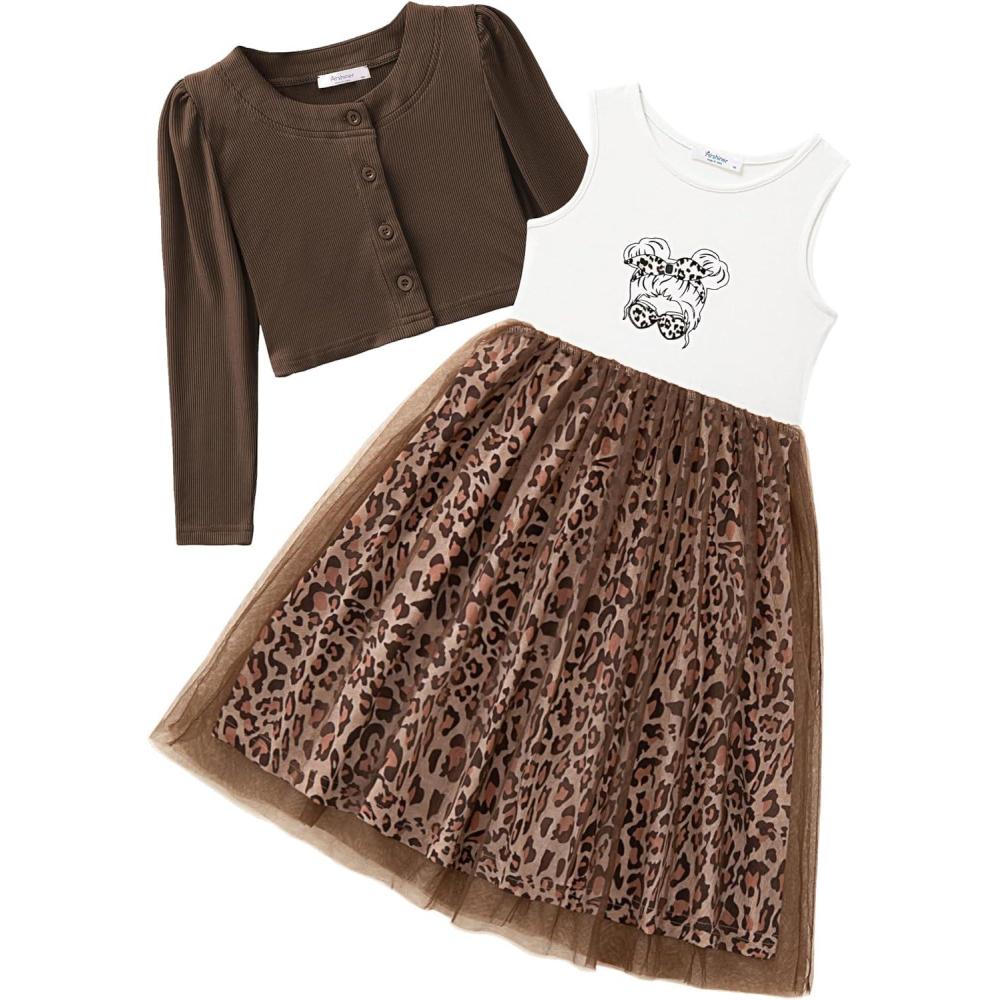 imageArshiner Toddler Tutu Dress and Knit Cardigan Girls Fall Party Tulle Dresses and Long Sleeve Shrug SetBrown Leopard
