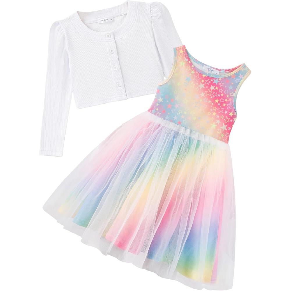 imageArshiner Toddler Tutu Dress and Knit Cardigan Girls Fall Party Tulle Dresses and Long Sleeve Shrug SetRainbow