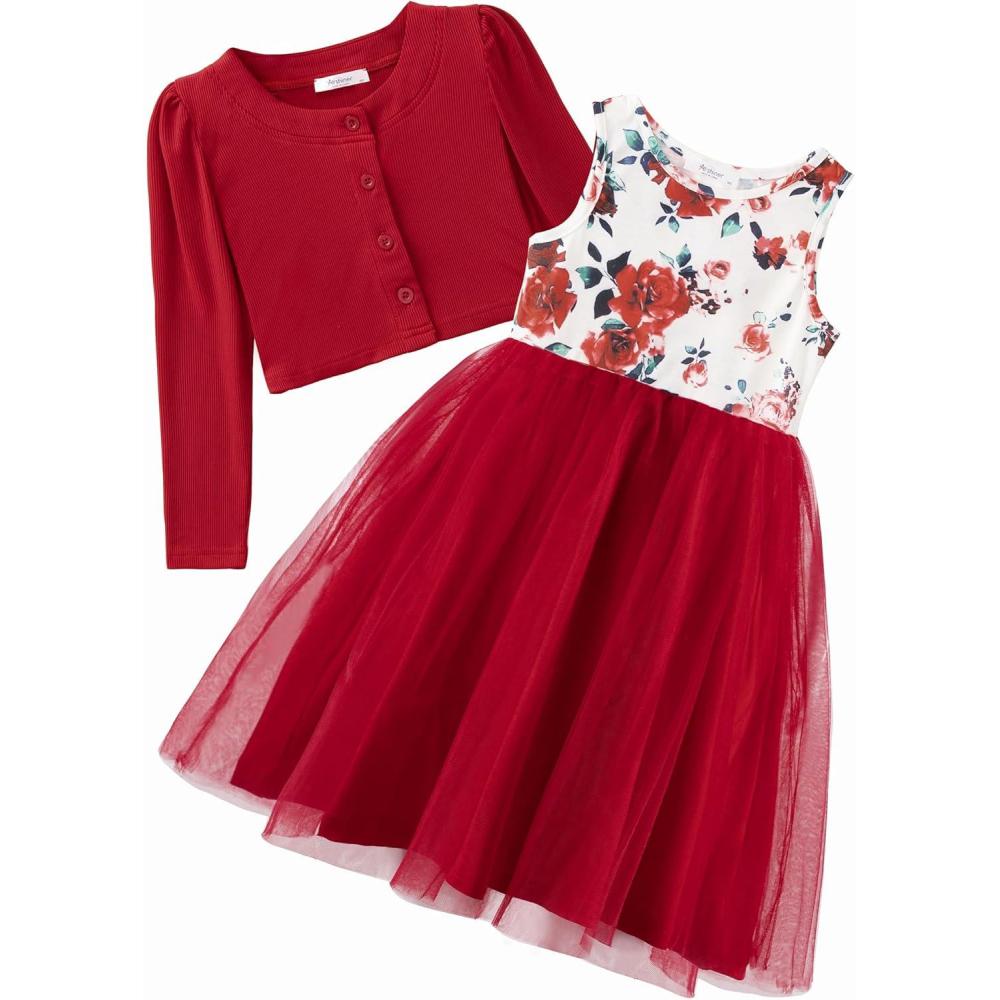 imageArshiner Toddler Tutu Dress and Knit Cardigan Girls Fall Party Tulle Dresses and Long Sleeve Shrug SetRed Floral