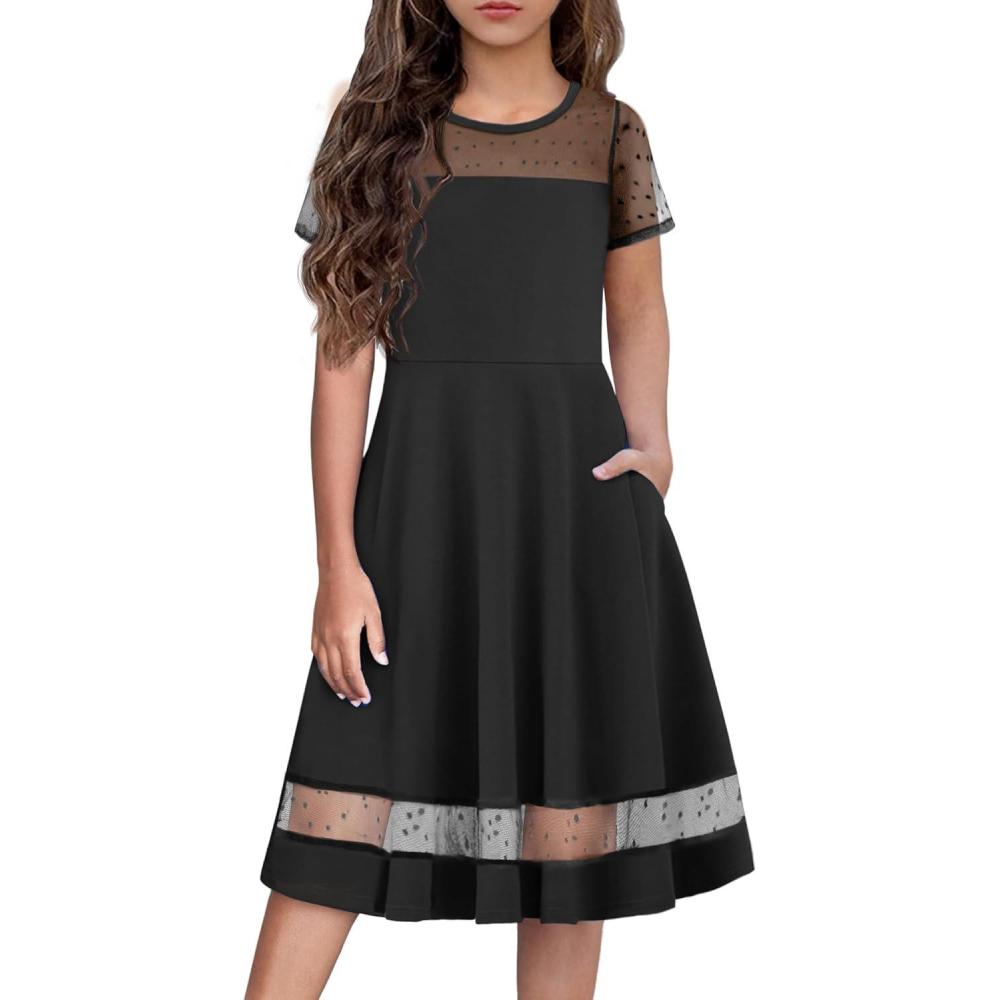 imageArshiner Tween Girls Dress Formal Contrast Mesh Short Sleeve A Line Party Dresses with Pockets for 512 YearsBlack