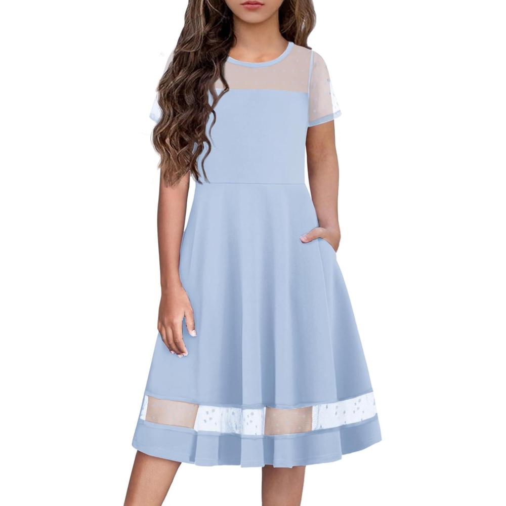 imageArshiner Tween Girls Dress Formal Contrast Mesh Short Sleeve A Line Party Dresses with Pockets for 512 YearsLight Blue