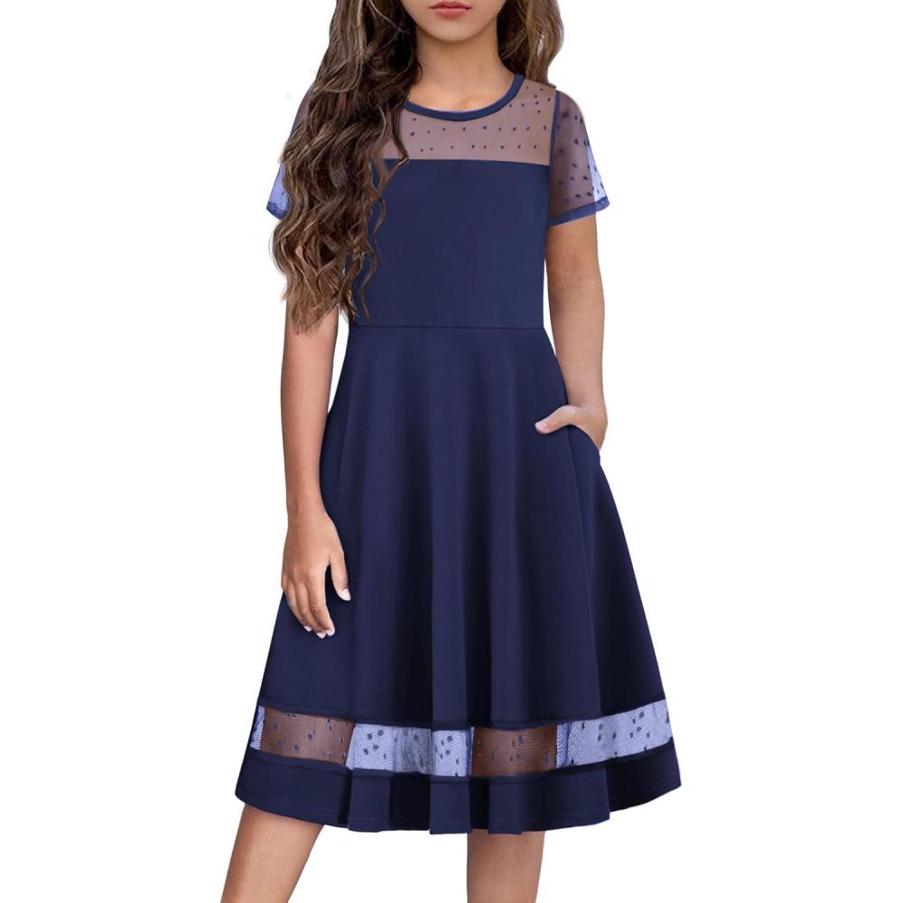 imageArshiner Tween Girls Dress Formal Contrast Mesh Short Sleeve A Line Party Dresses with Pockets for 512 YearsNavy Blue