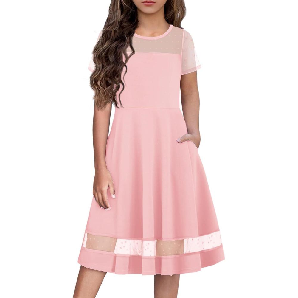 imageArshiner Tween Girls Dress Formal Contrast Mesh Short Sleeve A Line Party Dresses with Pockets for 512 YearsPink