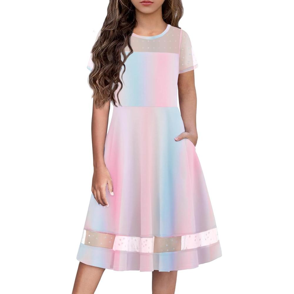 imageArshiner Tween Girls Dress Formal Contrast Mesh Short Sleeve A Line Party Dresses with Pockets for 512 YearsRainbow