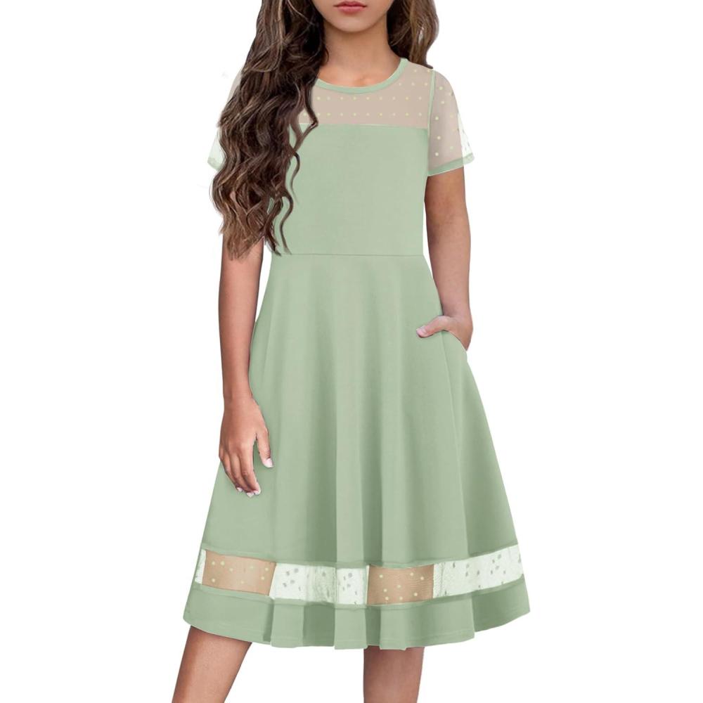imageArshiner Tween Girls Dress Formal Contrast Mesh Short Sleeve A Line Party Dresses with Pockets for 512 YearsSage Green