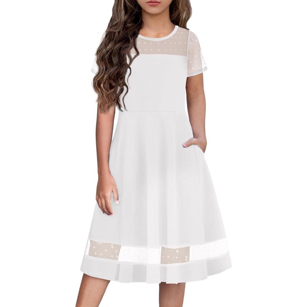 imageArshiner Tween Girls Dress Formal Contrast Mesh Short Sleeve A Line Party Dresses with Pockets for 512 YearsWhite