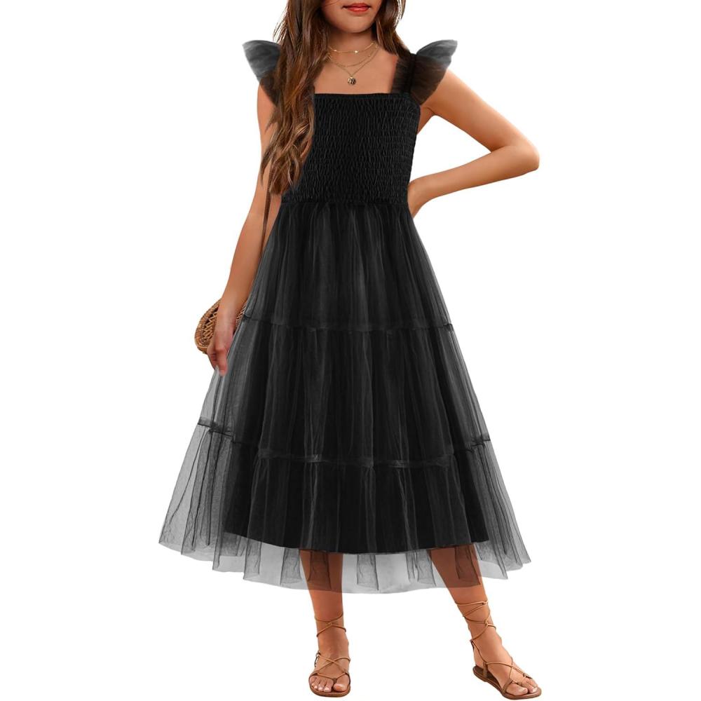 imageArshiner Tween Girls Dress Ruffle Sleeve Elastic Straps Smocked ALine Tulle Summer Long Patry Birthday SundressBlack