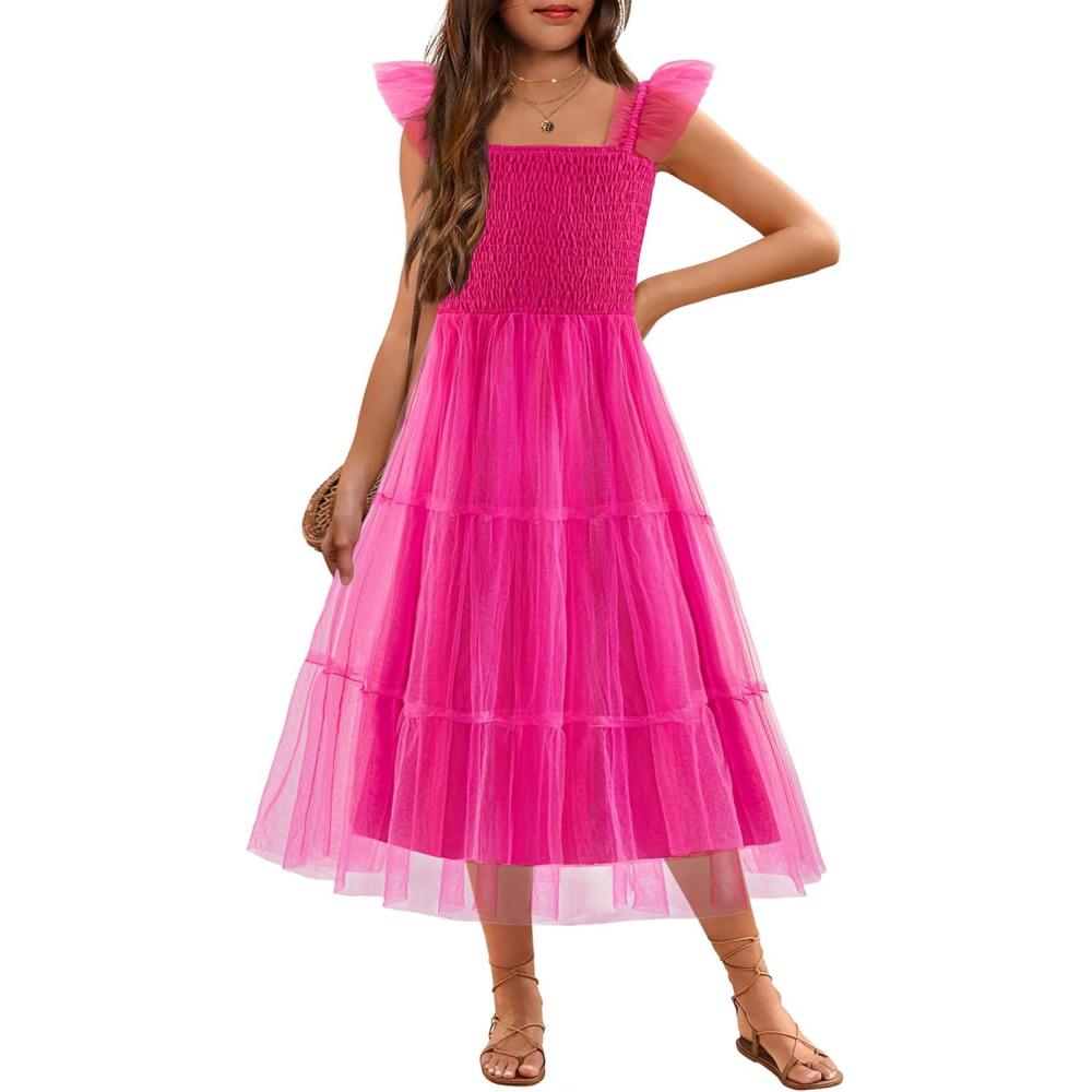 imageArshiner Tween Girls Dress Ruffle Sleeve Elastic Straps Smocked ALine Tulle Summer Long Patry Birthday SundressHot Pink
