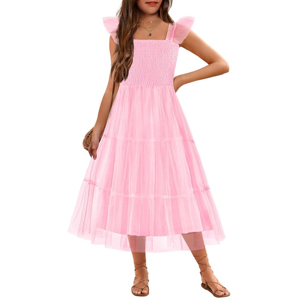 imageArshiner Tween Girls Dress Ruffle Sleeve Elastic Straps Smocked ALine Tulle Summer Long Patry Birthday SundressLight Pink