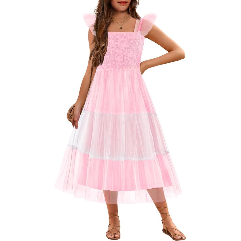 imageArshiner Tween Girls Dress Ruffle Sleeve Elastic Straps Smocked ALine Tulle Summer Long Patry Birthday SundressMulti Color