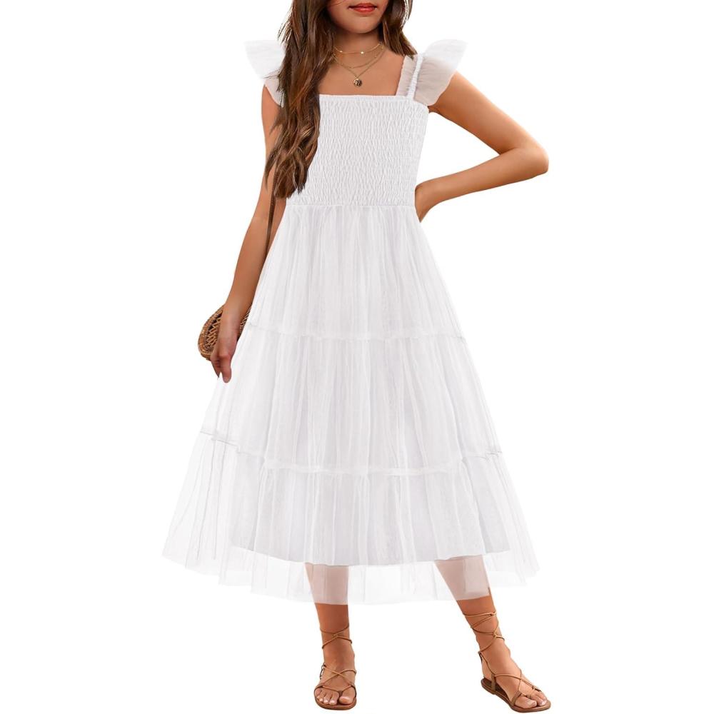 imageArshiner Tween Girls Dress Ruffle Sleeve Elastic Straps Smocked ALine Tulle Summer Long Patry Birthday SundressWhite