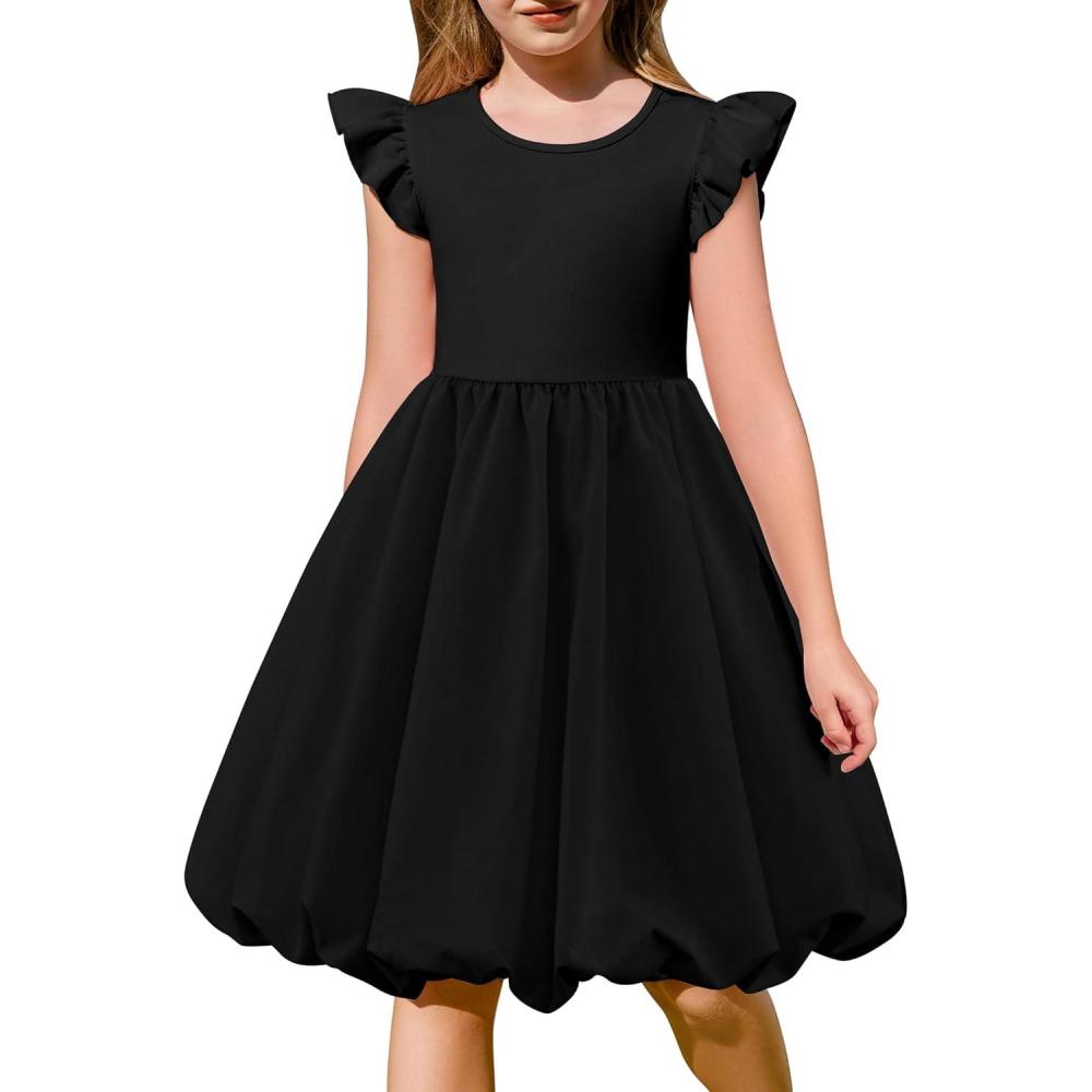 imageArshiner Tween Girls Summer Bubble Dress Ruffle Sleeve Casual Party Midi DressesBlack