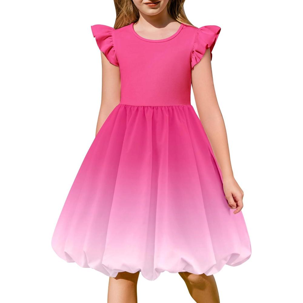 imageArshiner Tween Girls Summer Bubble Dress Ruffle Sleeve Casual Party Midi DressesHot Pink Gradient