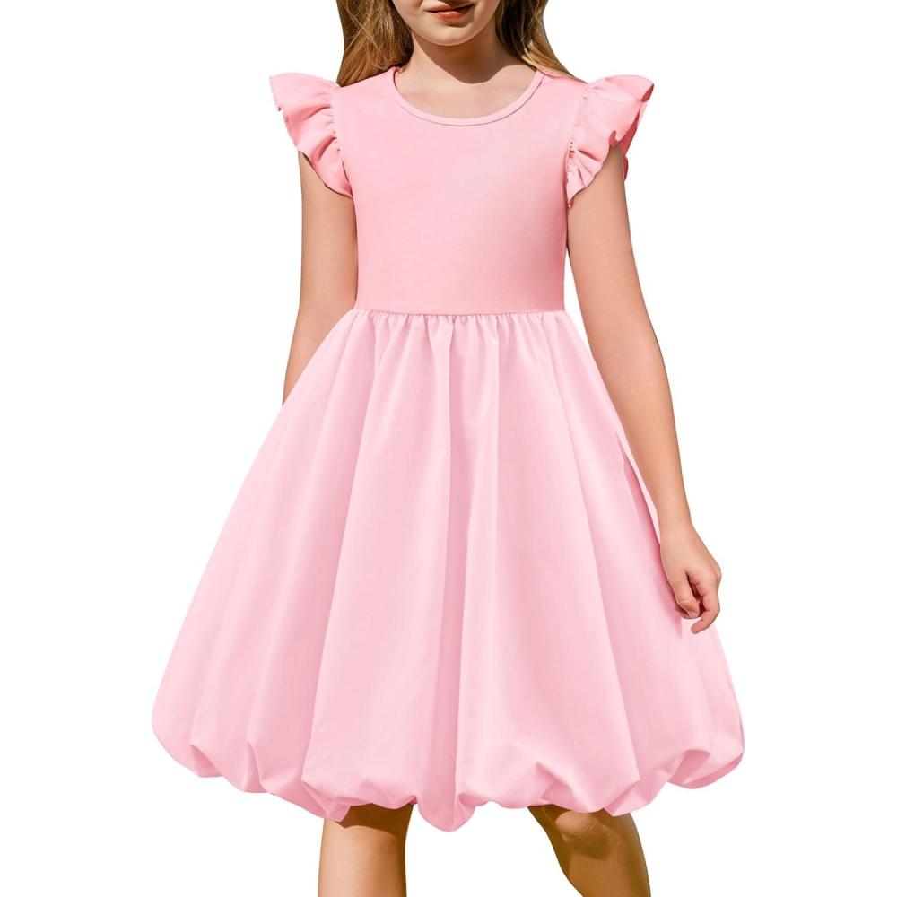 imageArshiner Tween Girls Summer Bubble Dress Ruffle Sleeve Casual Party Midi DressesPink